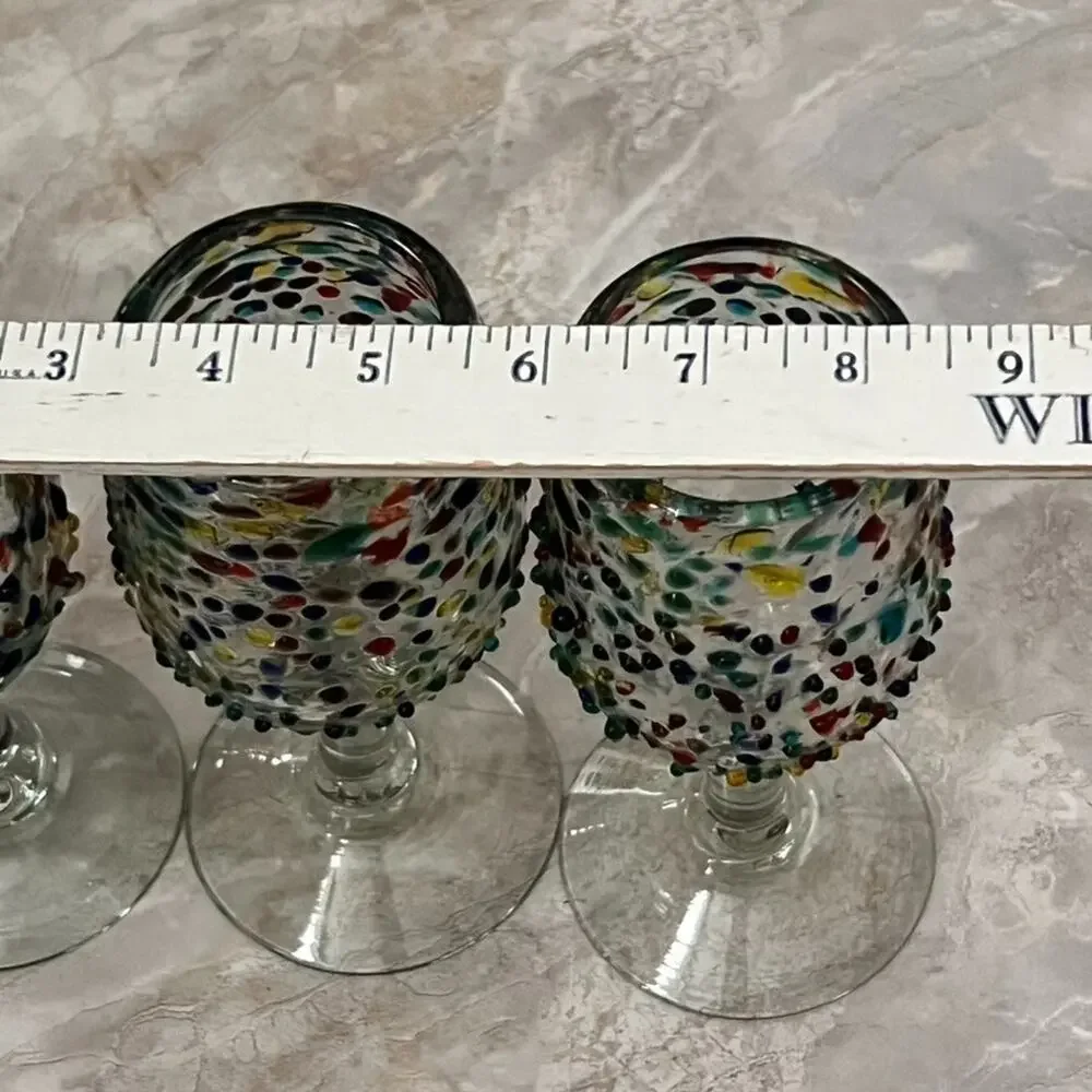 Hand Blown Ball Wine Glasses Colorful Textured Pebble Confetti Design Set of 3